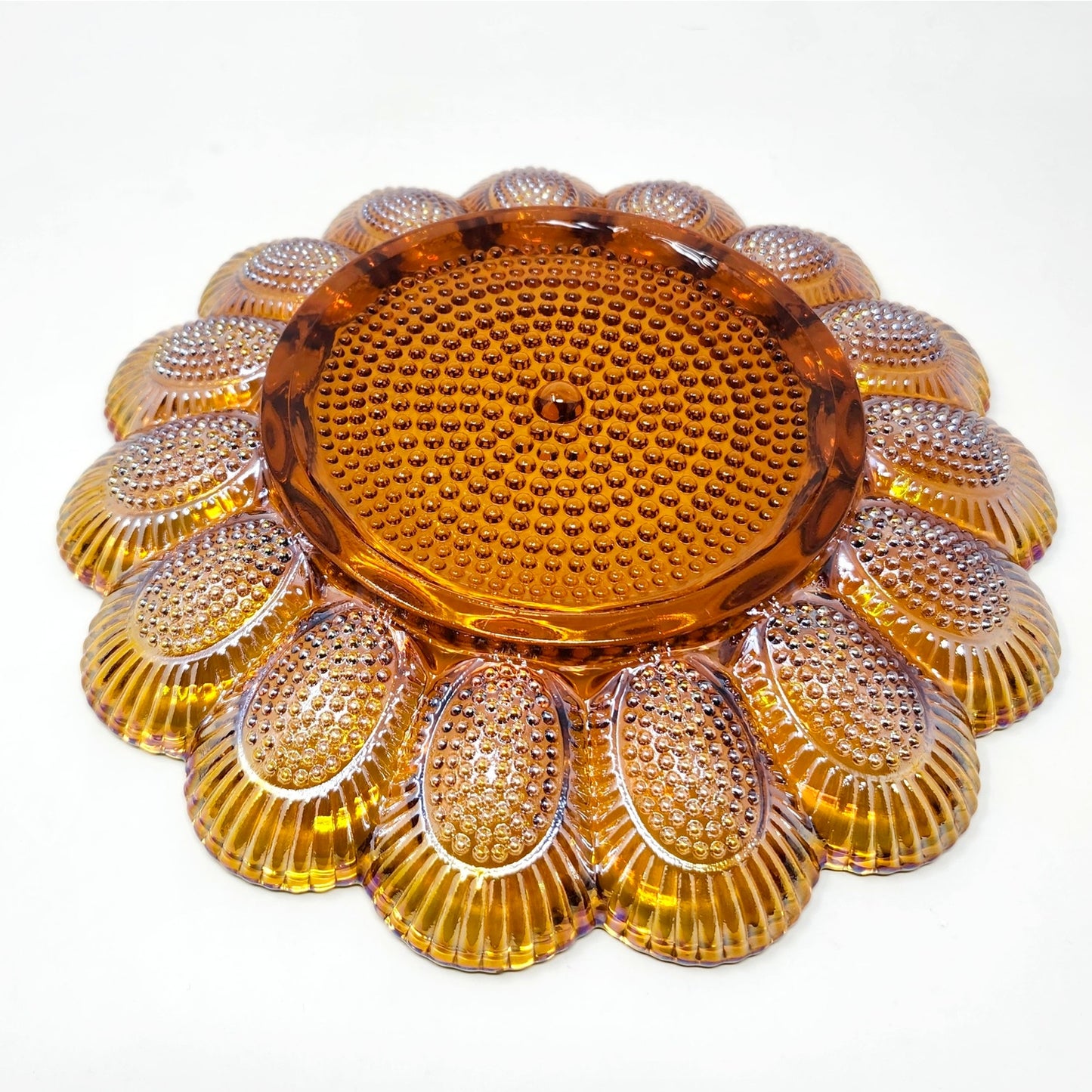 Indiana Glass Hobnail Deviled Egg Plate, Gold Carnival Glass, 11"