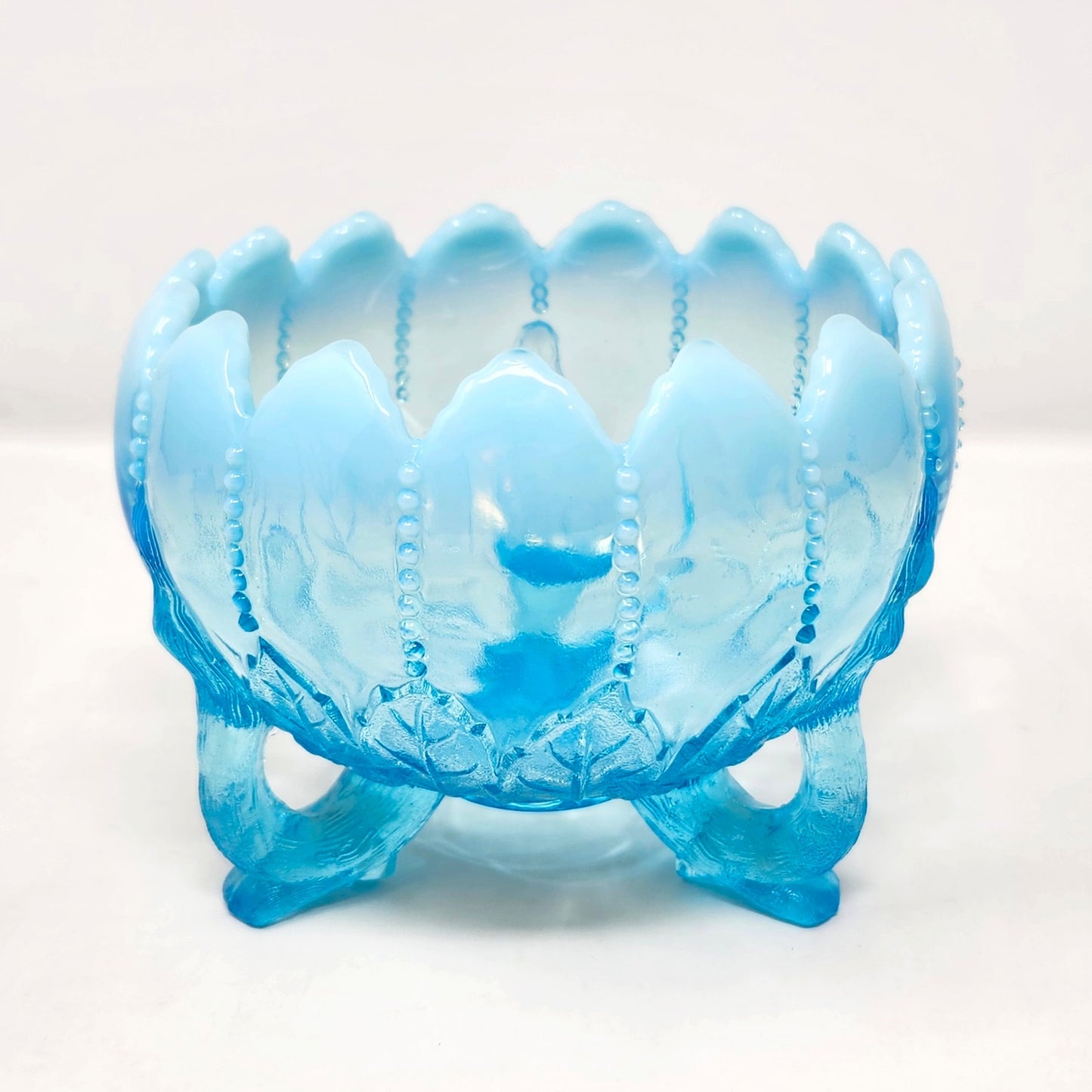 Northwood Blue Opalescent Leaf & Beads Rose Bowl, Twig Feet