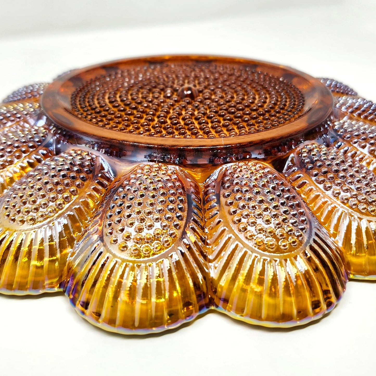 Indiana Glass Hobnail Deviled Egg Plate, Gold Carnival Glass, 11"