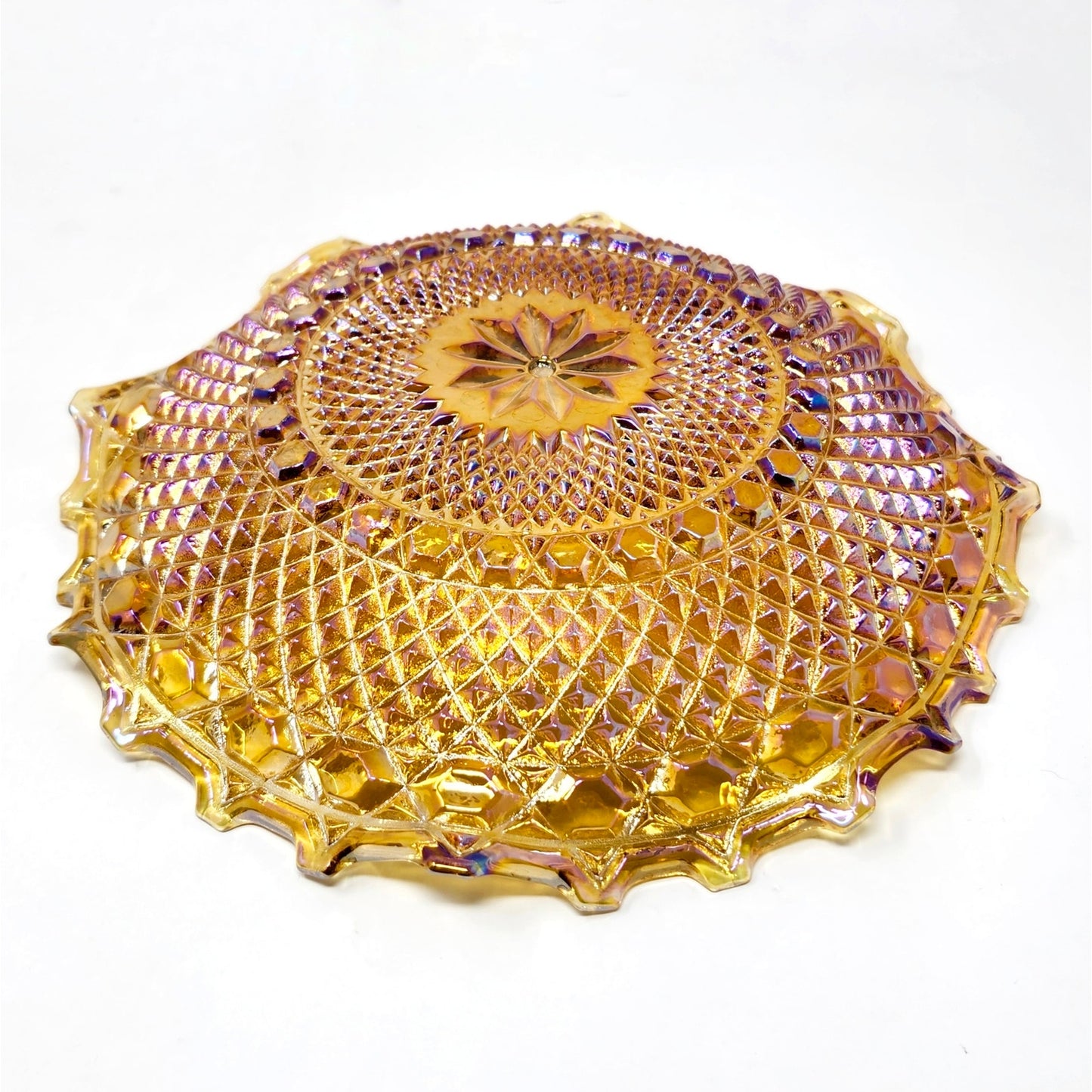 Indiana Glass Marigold Carnival Glass Ruffled Hostess Plate, 10"