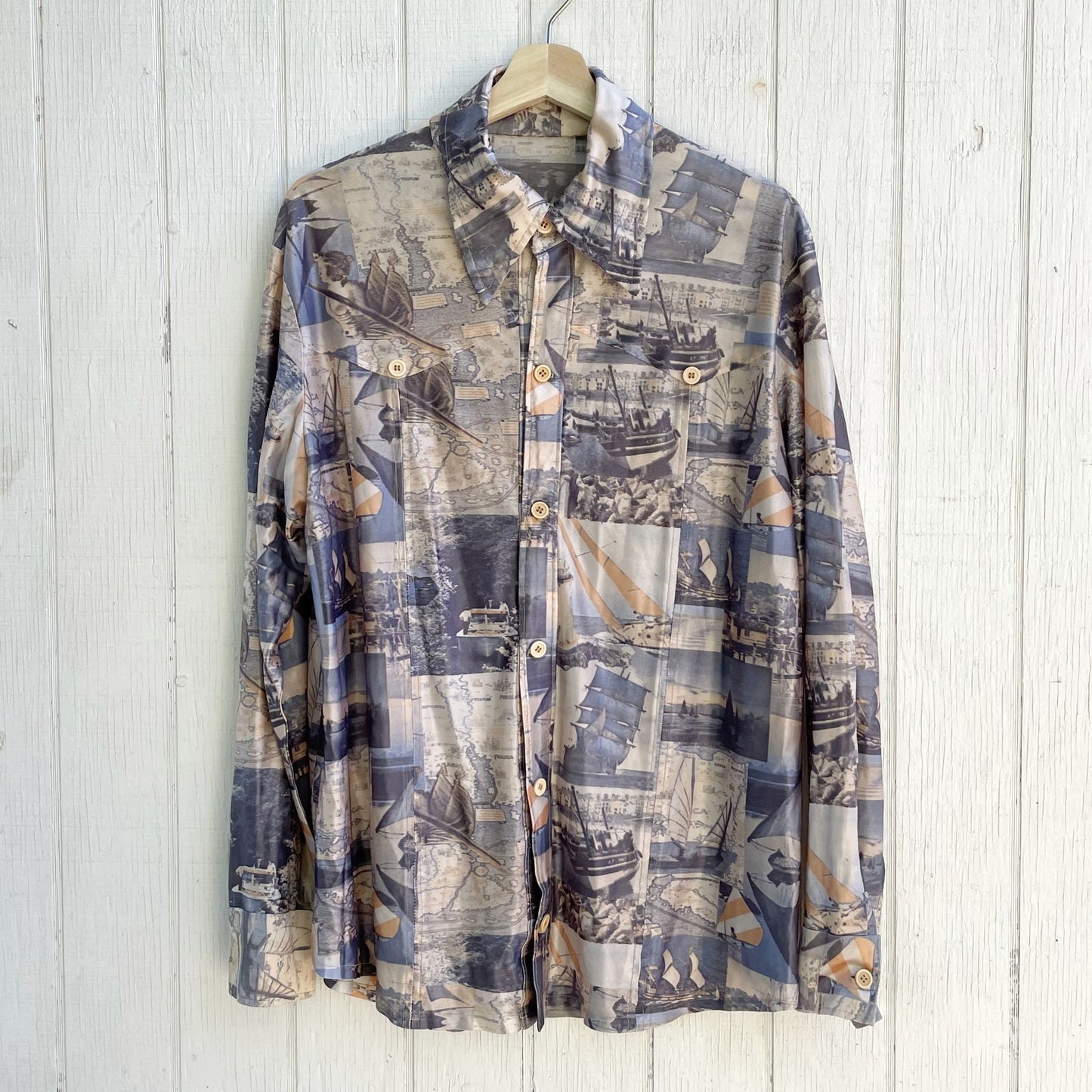 1960s Nautical Psychedelic Polyester Shirt Men's Sz L or XL