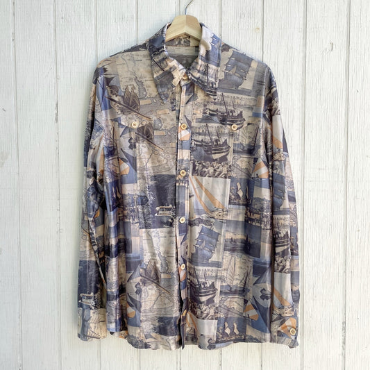 1960s Nautical Psychedelic Polyester Shirt Men's Sz L or XL