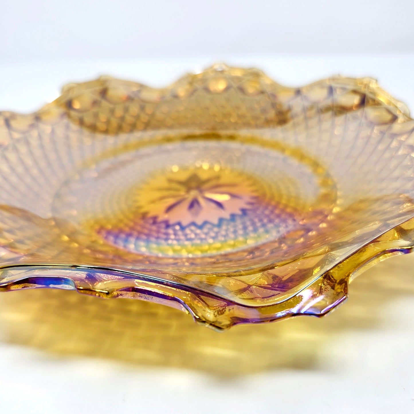 Indiana Glass Marigold Carnival Glass Ruffled Hostess Plate, 10"