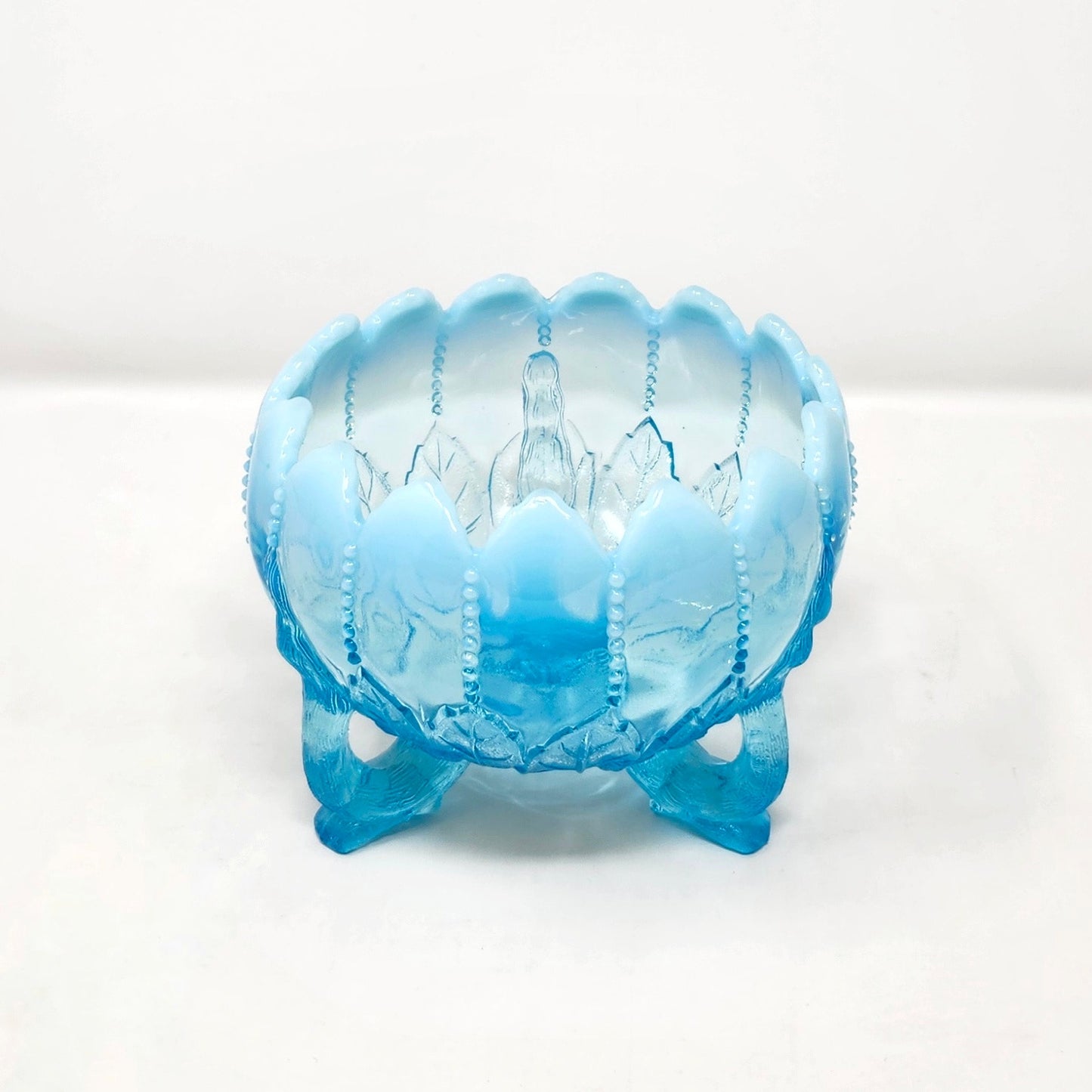 Northwood Blue Opalescent Leaf & Beads Rose Bowl, Twig Feet