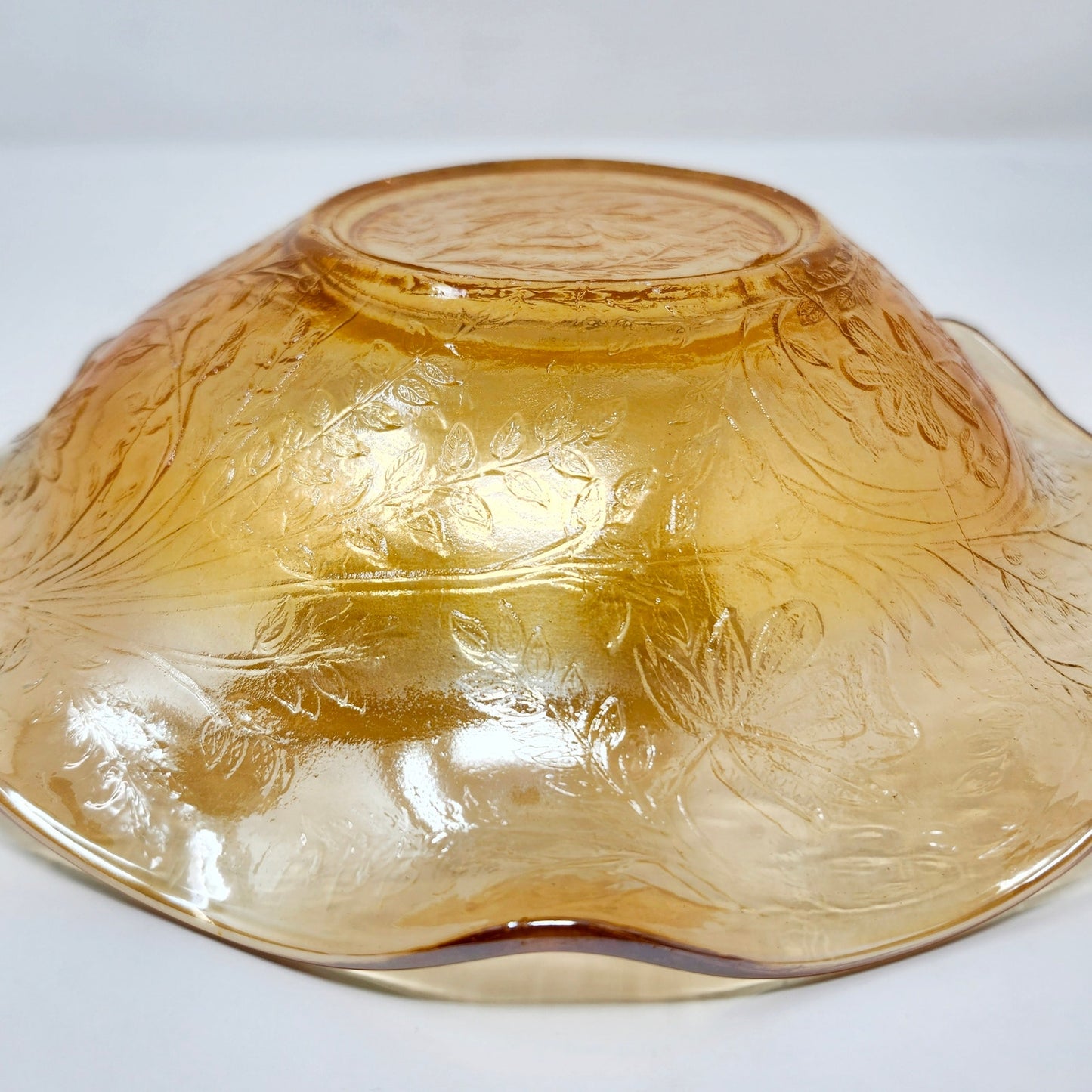 Jeannette Floragold Louisa Ruffled Bowl — Marigold Carnival Glass, 9"