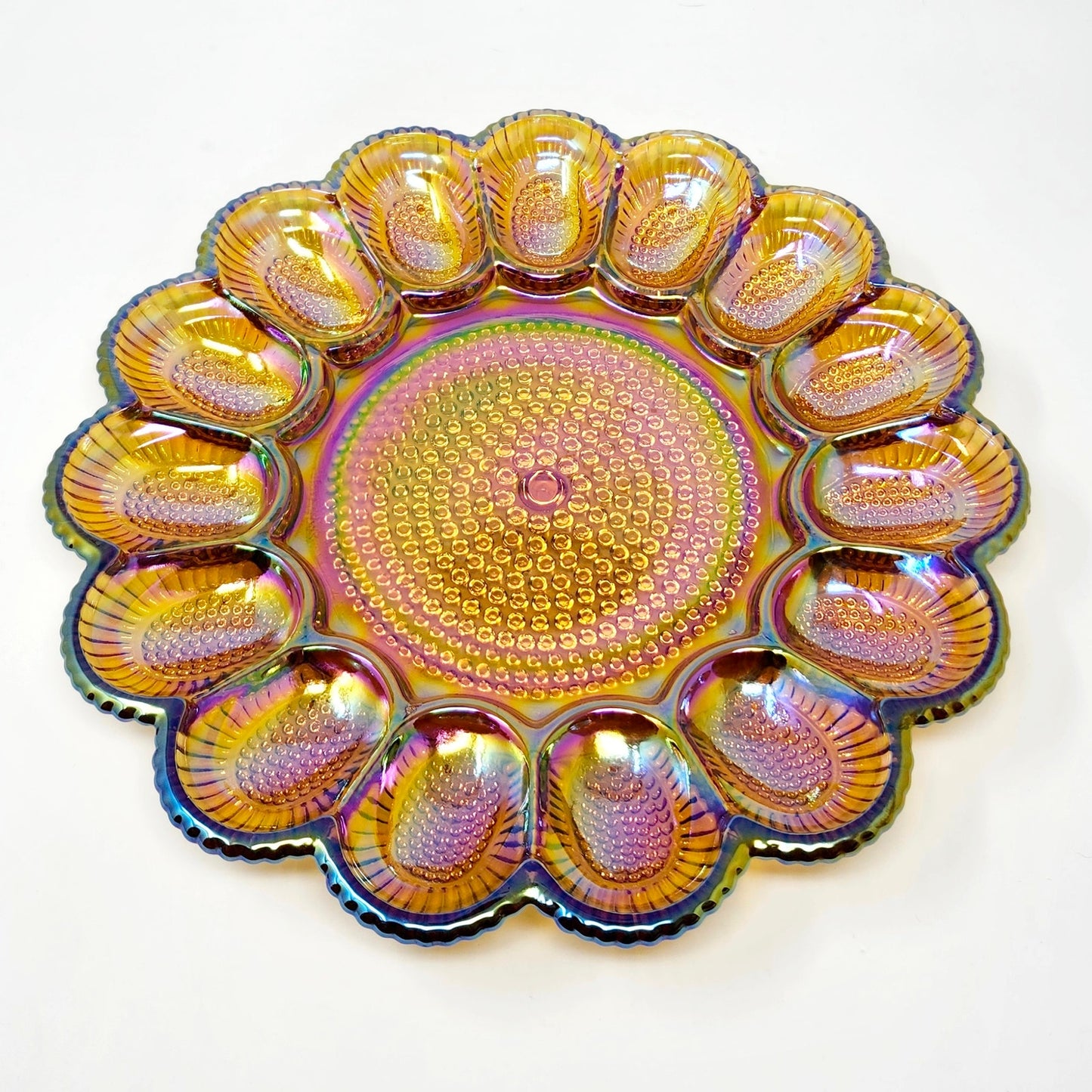 Indiana Glass Hobnail Deviled Egg Plate, Gold Carnival Glass, 11"