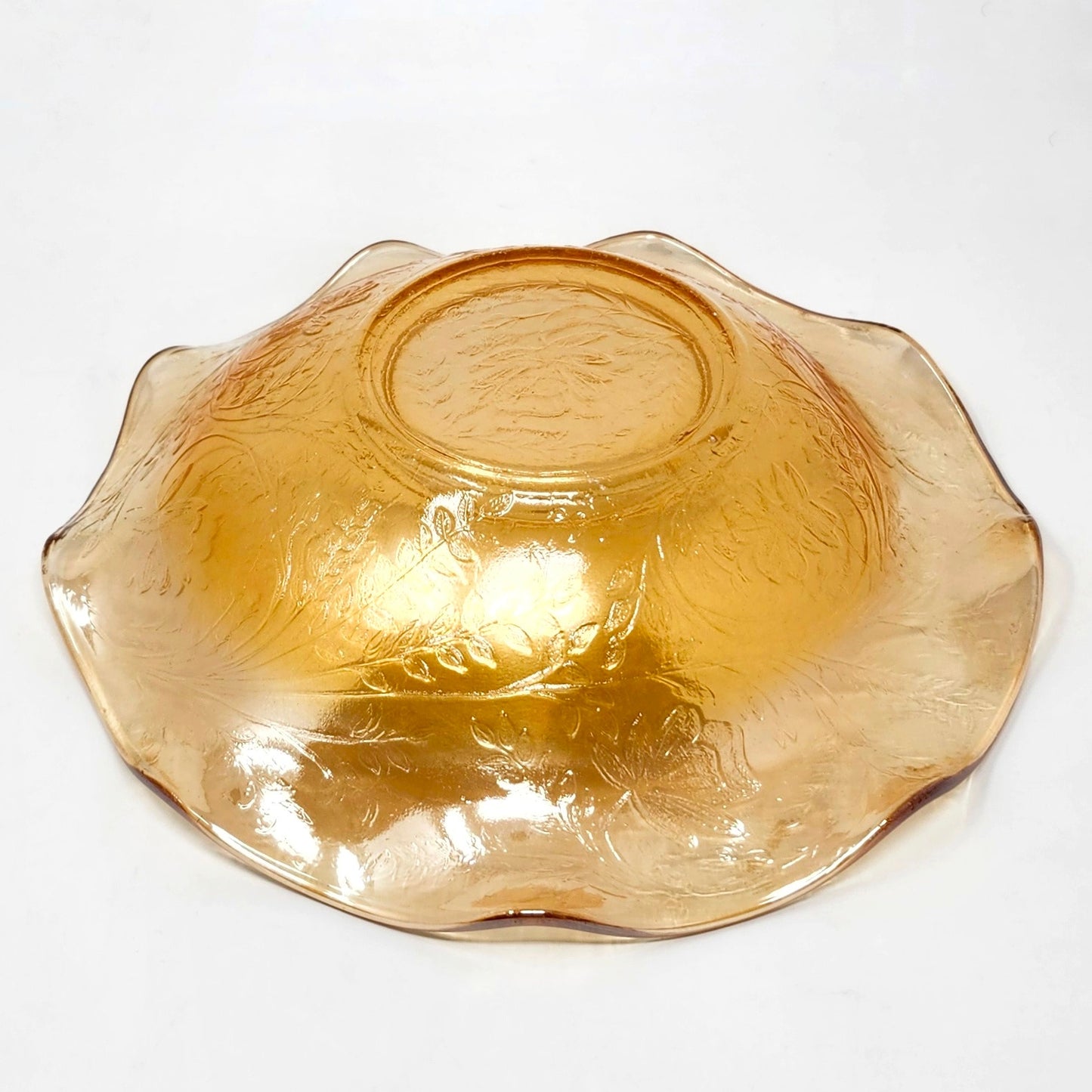 Jeannette Floragold Louisa Ruffled Bowl — Marigold Carnival Glass, 9"