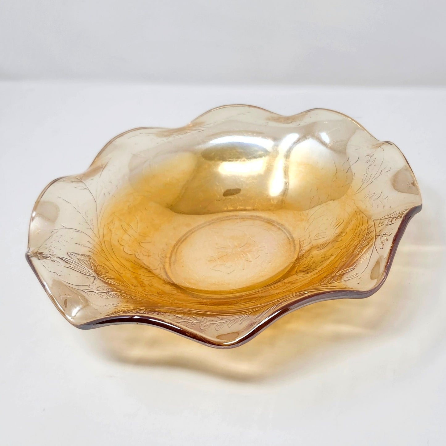 Jeannette Floragold Louisa Ruffled Bowl — Marigold Carnival Glass, 9"