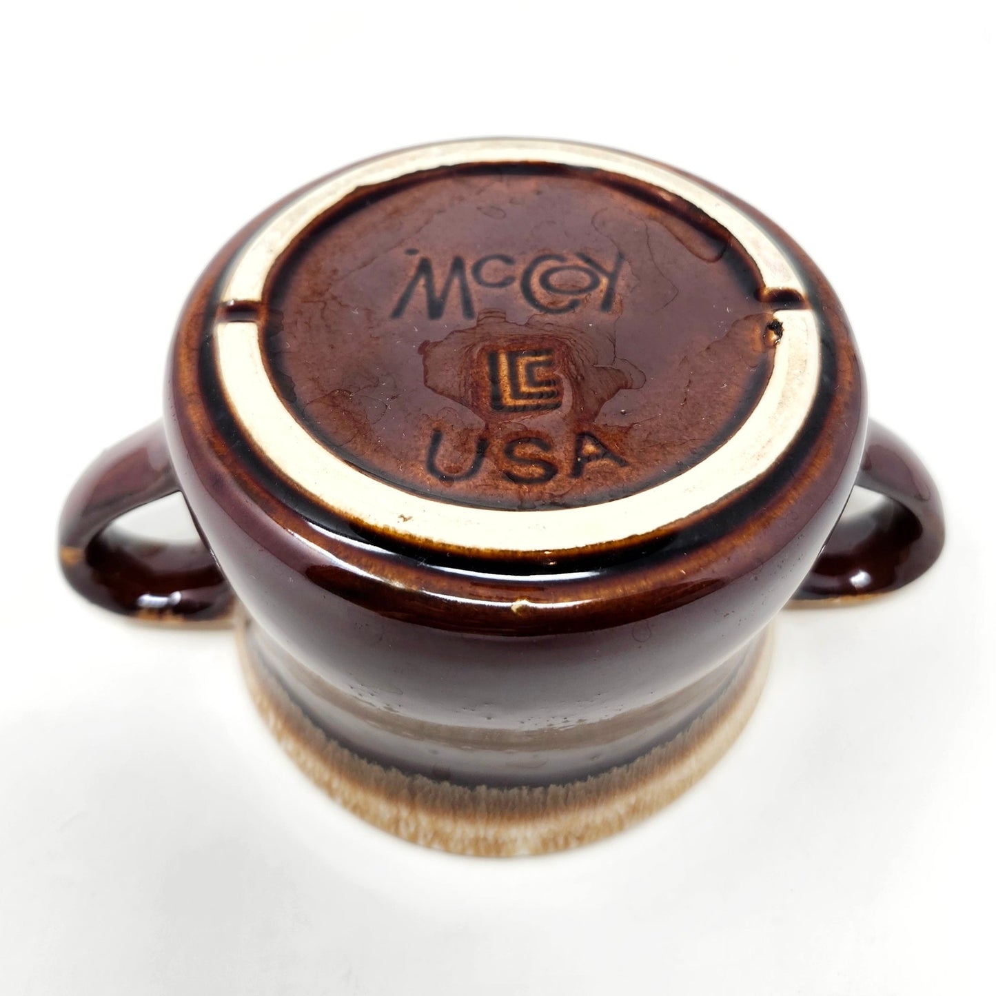 McCoy Brown Drip Glaze Soup Mug, Double Handle, 1960s-80s
