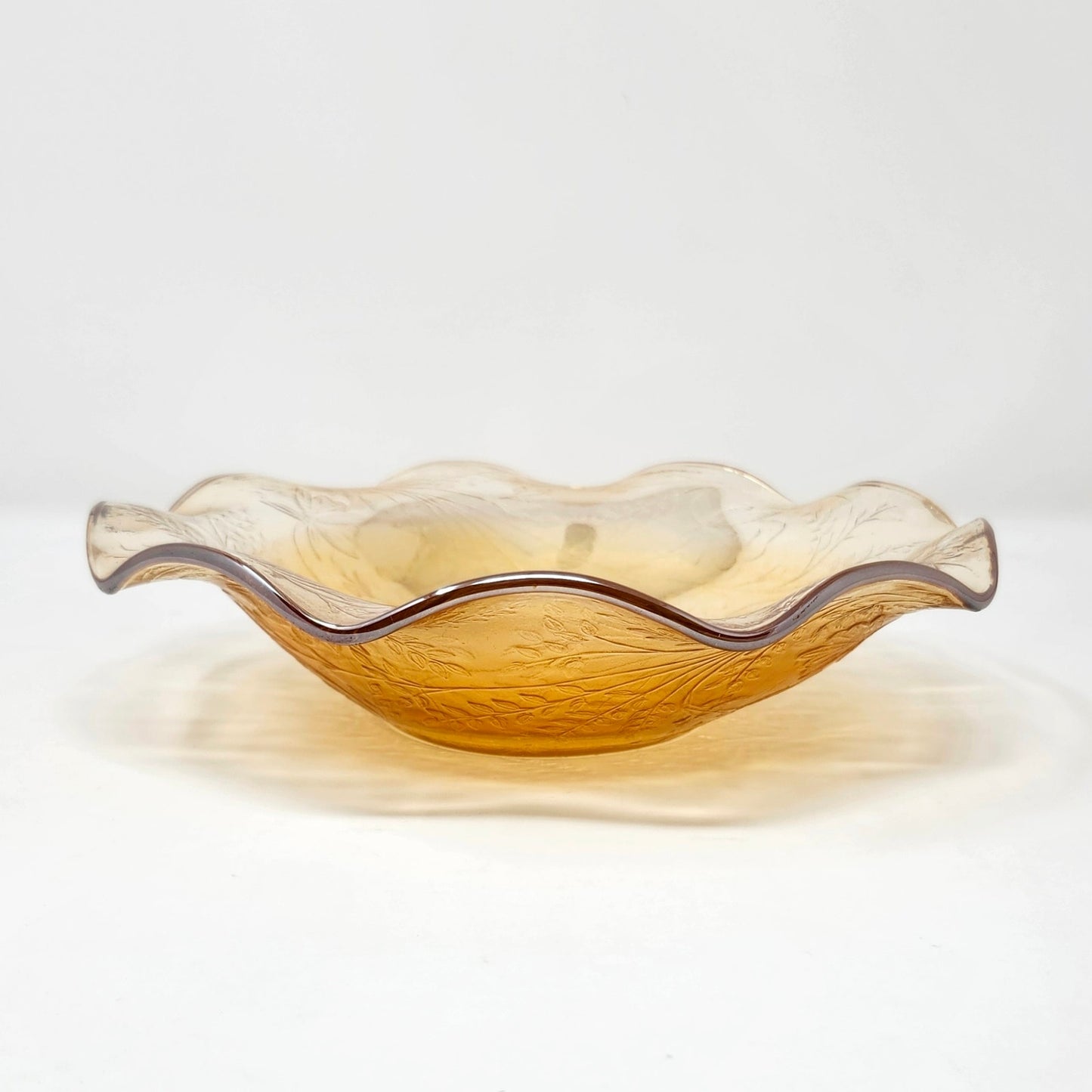 Jeannette Floragold Louisa Ruffled Bowl — Marigold Carnival Glass, 9"