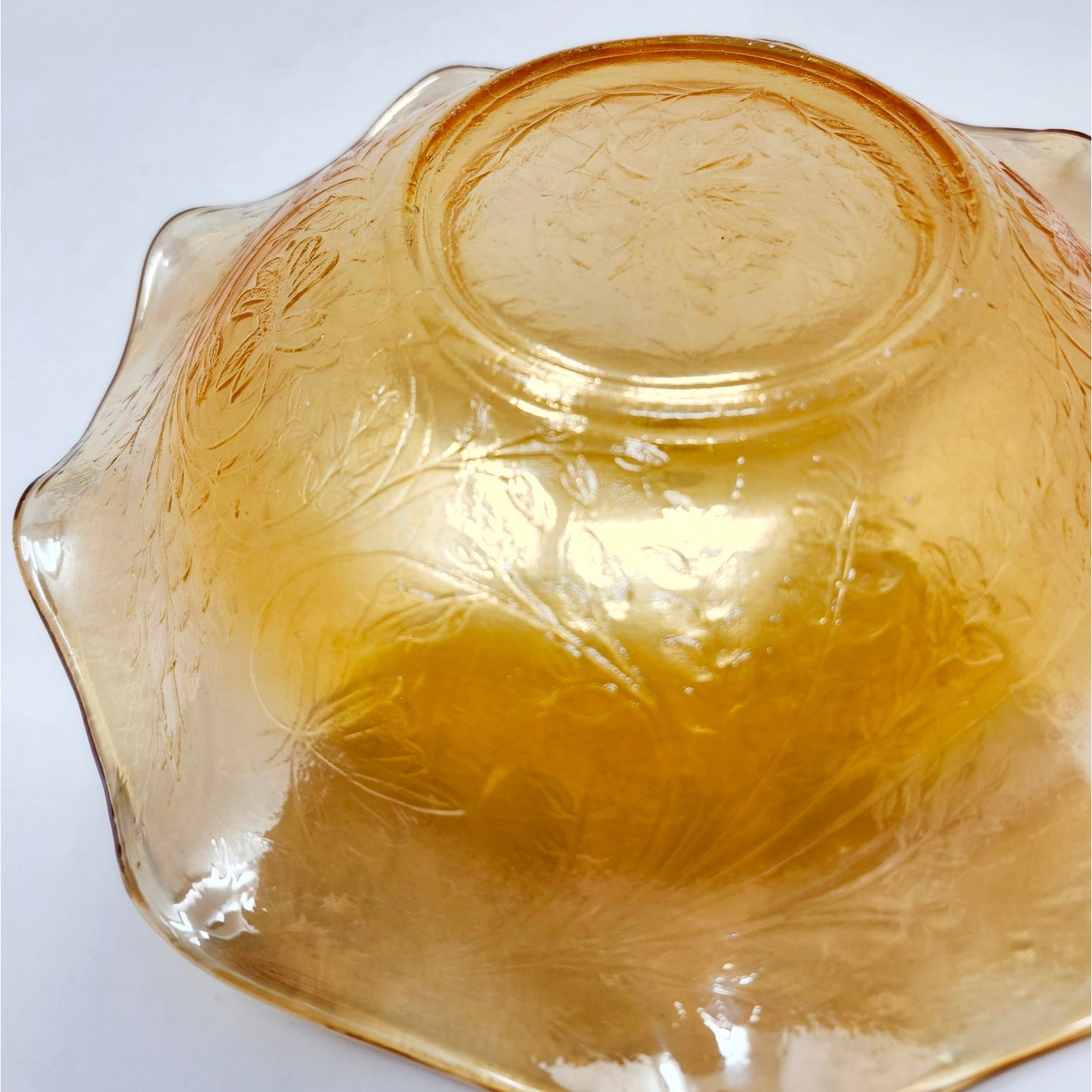 Jeannette Floragold Louisa Ruffled Bowl — Marigold Carnival Glass, 9"