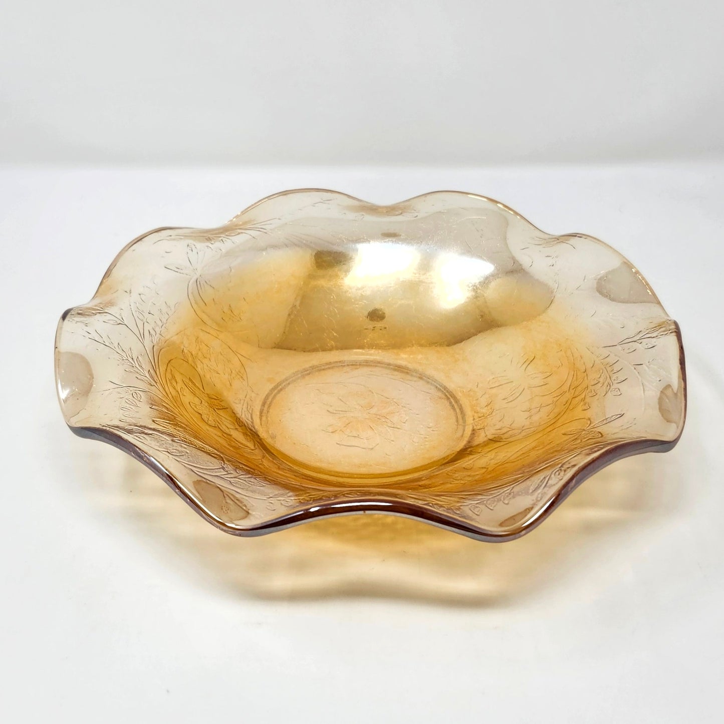 Jeannette Floragold Louisa Ruffled Bowl — Marigold Carnival Glass, 9"
