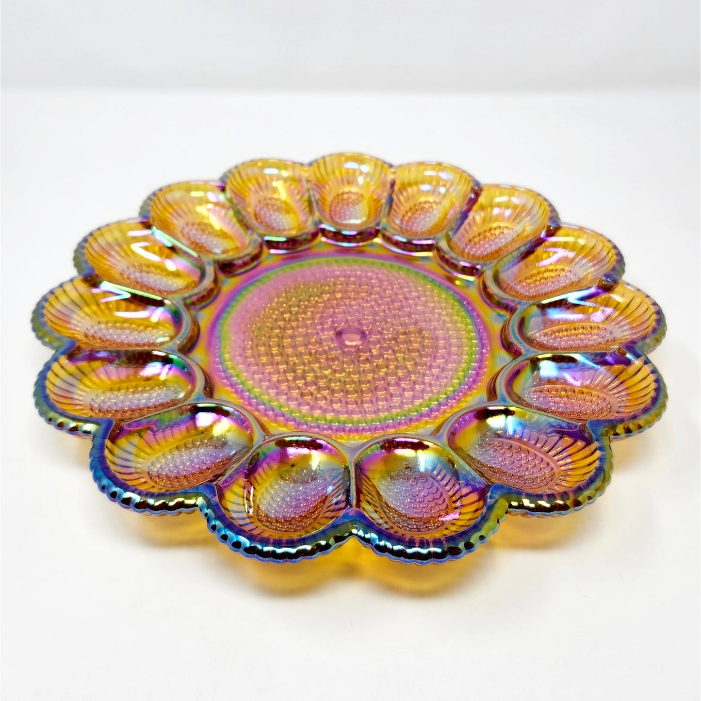 Indiana Glass Hobnail Deviled Egg Plate, Gold Carnival Glass, 11"