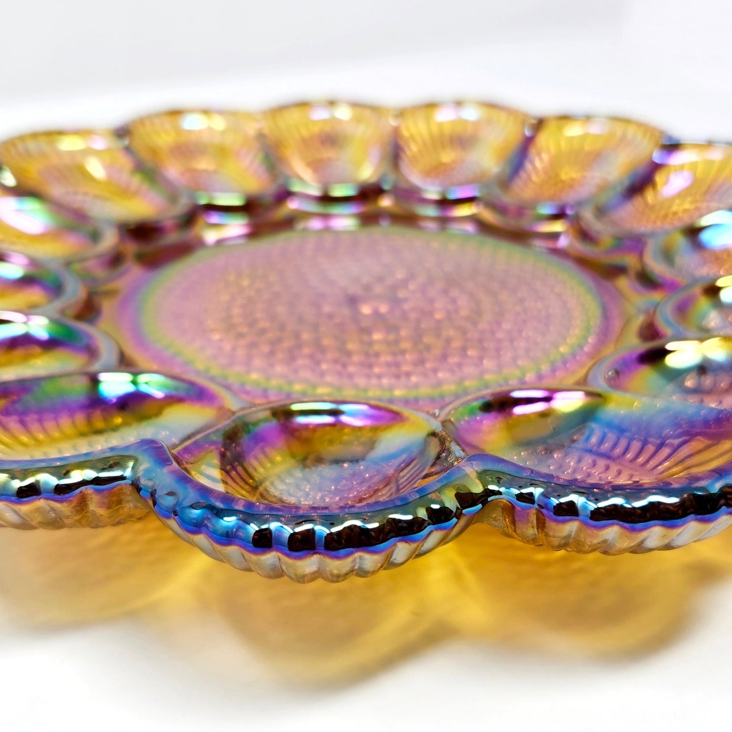 Indiana Glass Hobnail Deviled Egg Plate, Gold Carnival Glass, 11"