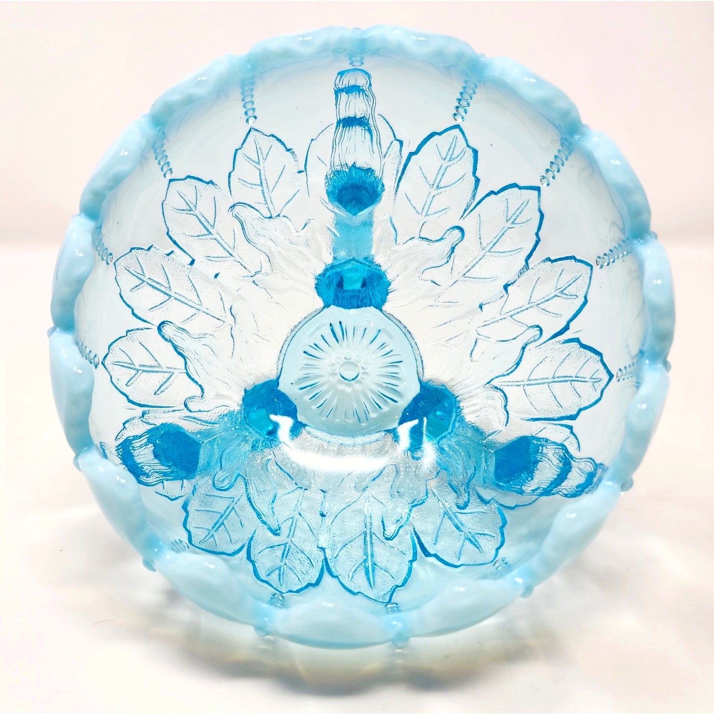 Northwood Blue Opalescent Leaf & Beads Rose Bowl, Twig Feet