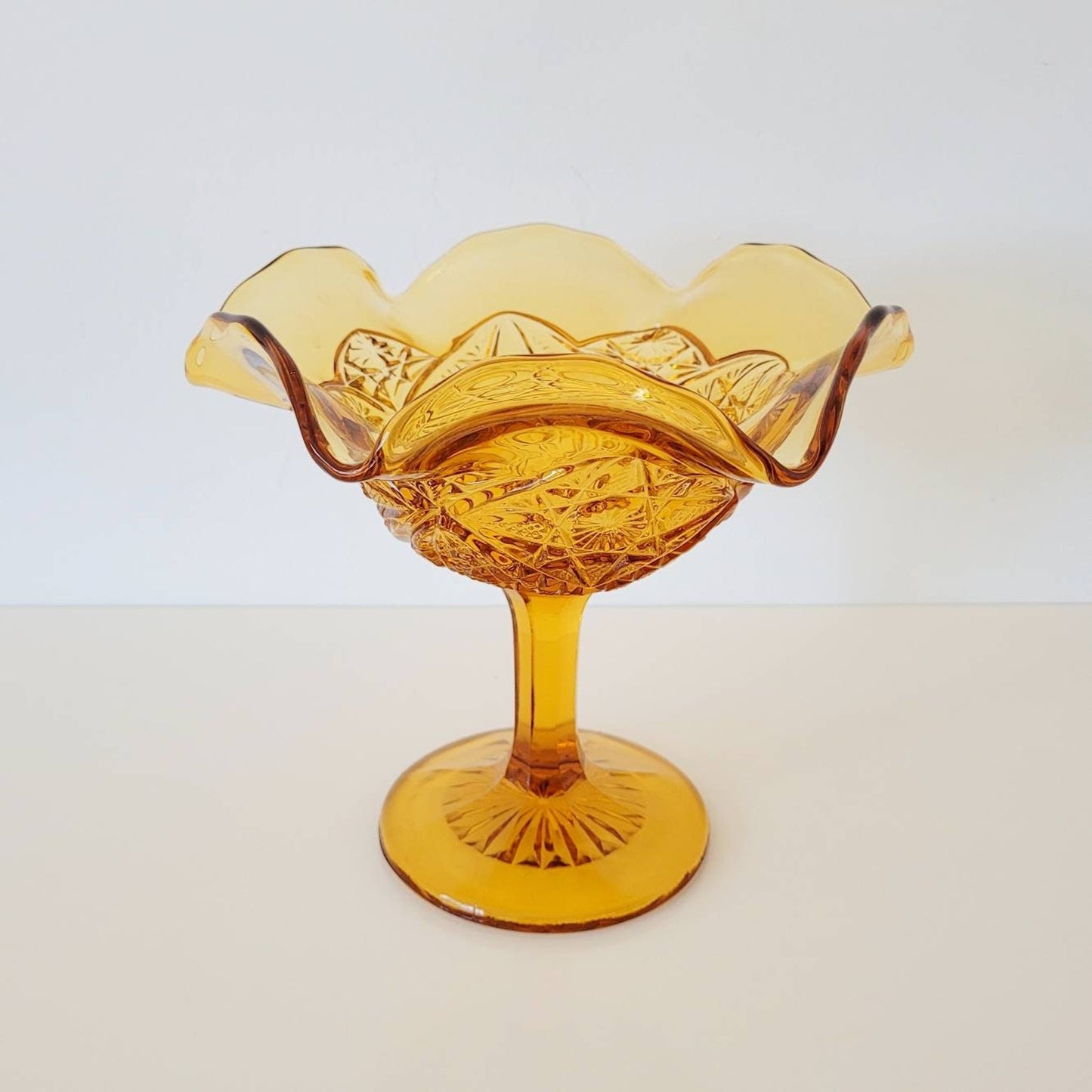 Vintage Amber Glass Ruffled Paneled Pedestal Compote