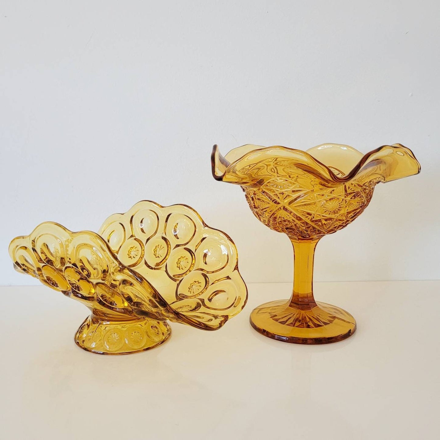 Vintage Amber Glass Ruffled Paneled Pedestal Compote
