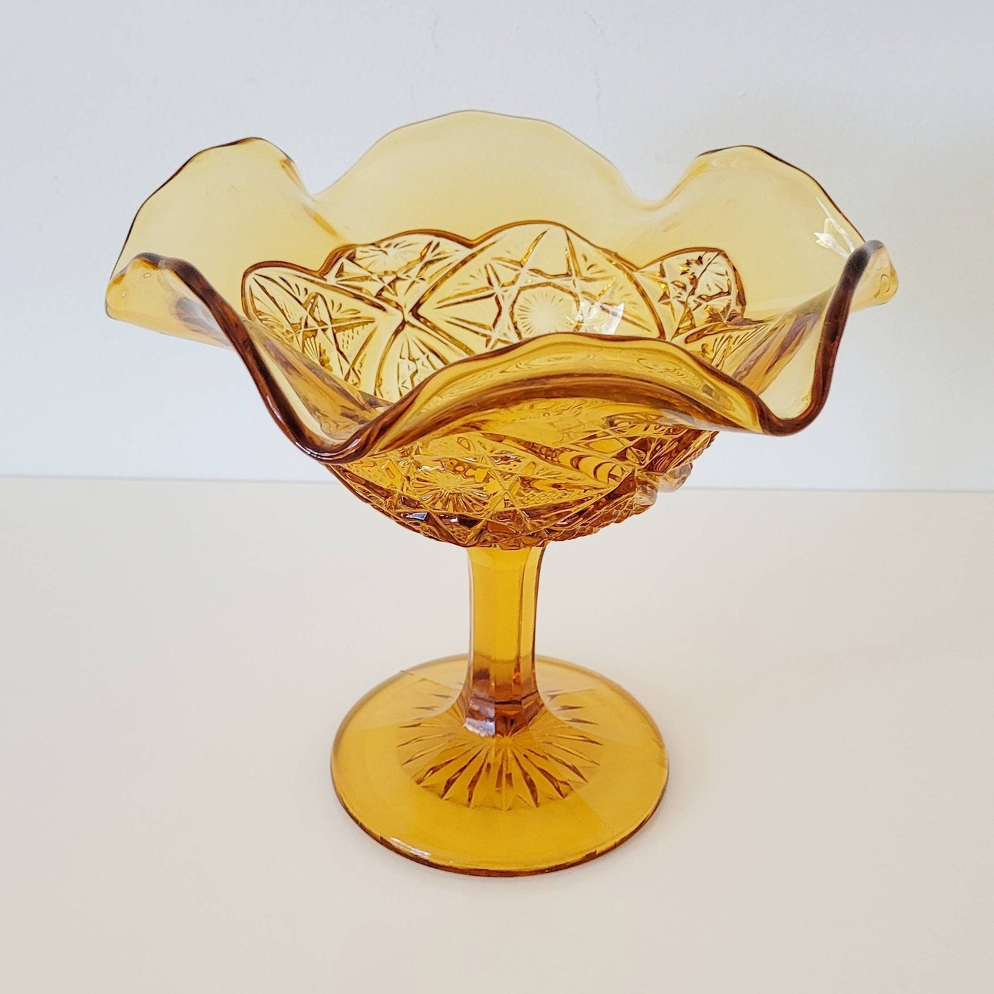 Vintage Amber Glass Ruffled Paneled Pedestal Compote